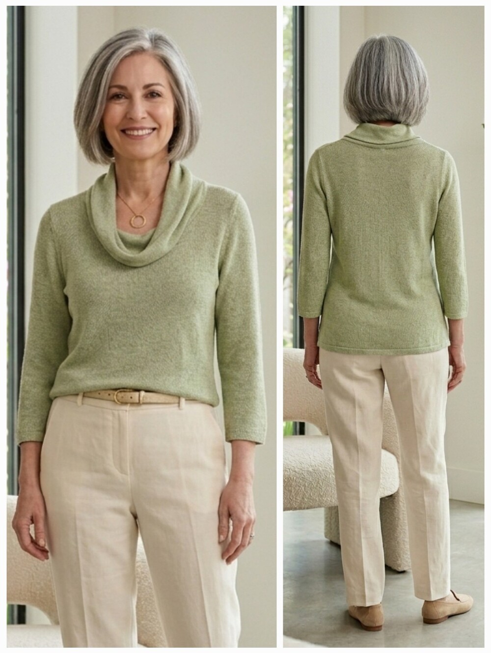 Eileen Fisher M Modern Contemporary Quiet Luxury Pistachio Cowl Neck Sweater